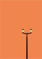 夕暮れの街灯に明かりが灯る切り絵風デザインイラスト