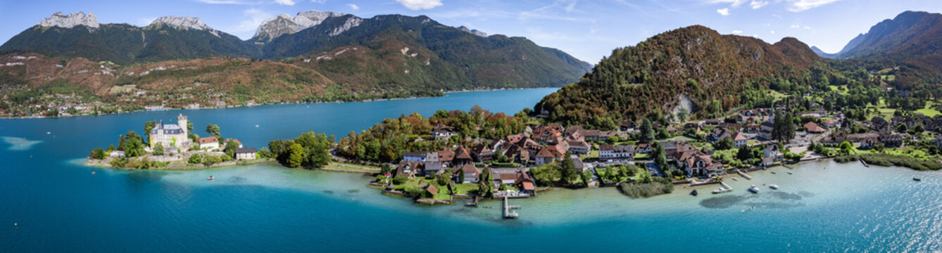 Aerial view of Duingt castle or Chateau de Duingt in Annecy lake, Haute Savoie, France