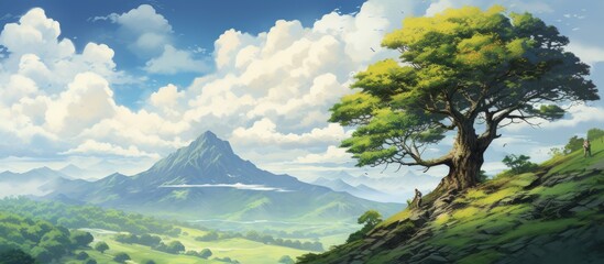 In the background of a summer travel adventure surrounded by the breathtaking nature a majestic wood tree stands tall against the picturesque landscape basking in the warm light filtering t