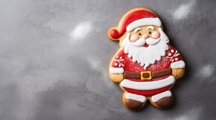 Gingerbread santa claus cookie xmas biscuit on concrete background. Mock up template, presentation. advertisement, banner, card. Copy text space. 