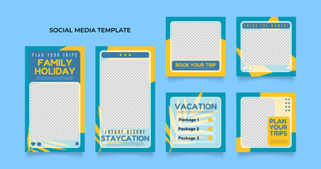 social media post template for travel holiday tourism marketing and sale promo. tour advertising. banner offer. promotional mockup photo vector frame illustration