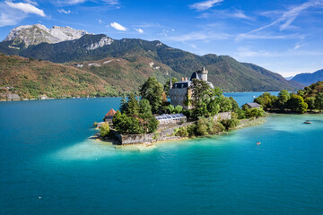 Aerial view of Duingt castle or Chateau de Duingt in Annecy lake, Haute Savoie, France