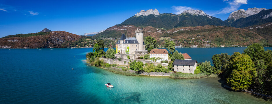 Aerial view of Duingt castle or Chateau de Duingt in Annecy lake, Haute Savoie, France