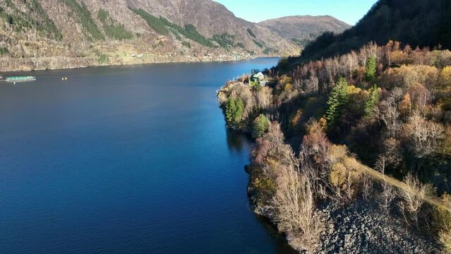 Hana in Sorfjorden Norway with Osteroy island on other side, Vaksdal Aerial