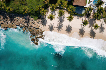 A palm-fringed shoreline from above, where beach meets paradise. AI Generative coastal tranquility in aerial view.