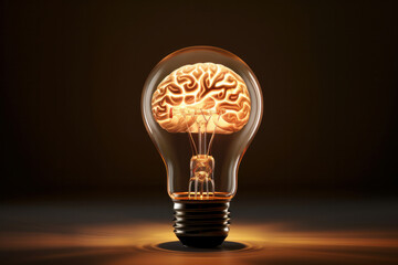 Bright ideas within A light bulb cradles a human brain, the epitome of creative thinking. AI Generative genius in the dark.
