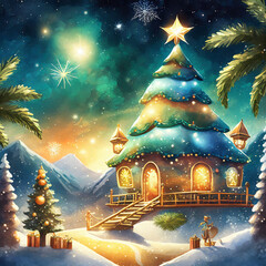 Winter illustration of a house under a Christmas tree