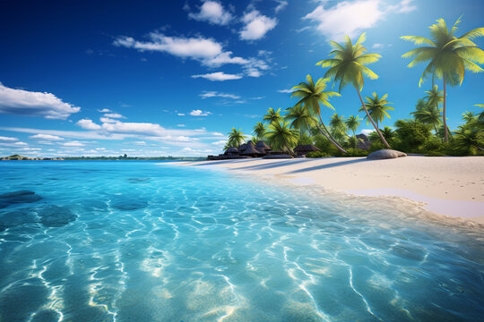 Experience the idyllic charm of a tropical beach, where palm trees and clear waters create a breathtaking seascape. AI Generative sunlit.