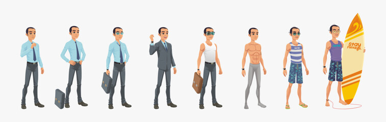 Concept of man in different processes. employee working towards man on vacation in different poses. presenting process movements and actions. vector illustration