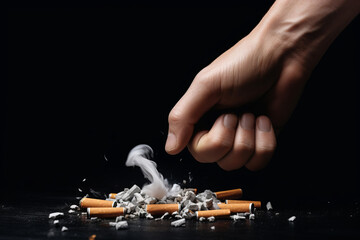 A hand stubs out a cigarette on bare cement, signaling a healthy change. Quitting smoking is AI Generative. - obrazy, fototapety, plakaty