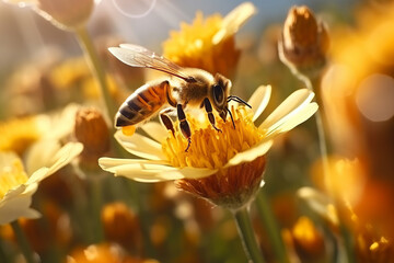 Spring's charm, A daisy and bee come together in a sunny field. Nature's pollinator is AI Generative beauty.