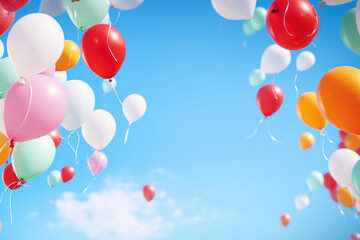 A closeup of a bunch of helium-filled balloons in bright colors, floating happily in the blue sky a vibrant background for a joyous birthday party in the air. AI Generative.
