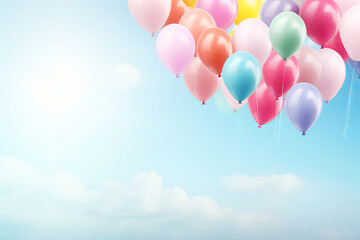 Naklejka premium Bright and colorful balloons, captured in a closeup bunch, float cheerfully in the sky a perfect background for a joyous birthday celebration. AI Generative.