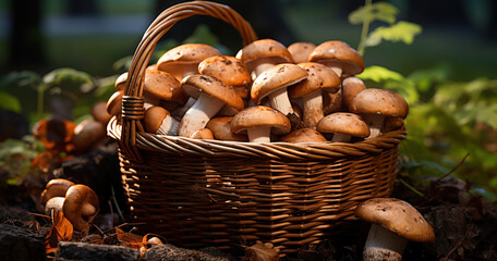 Wild mushrooms nestled in a wicker basket
