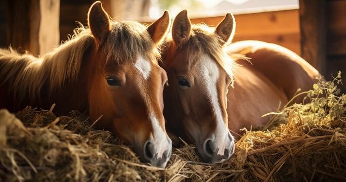 Horses at rest within wooden embrace