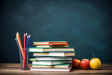 An educational concept on a blue backdrop - showcasing academic elements like books, globe, and blackboard. AI Generative.