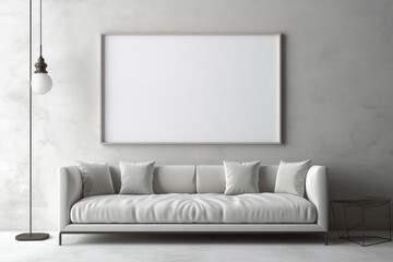 A modern Scandinavian living room with an empty frame poster above a white sofa. Elegant interior design and minimalistic decor. This description is AI Generative.