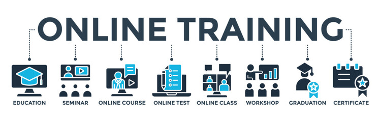 Online training banner web icon vector illustration concept with icon of education, seminar, online course, online test, online class, workshop, graduation, certification