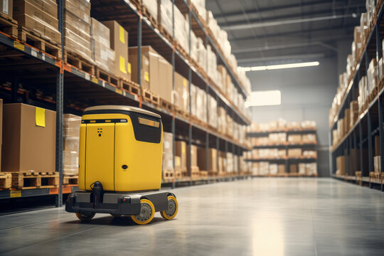 A high rack stacker forklift at work in a vast distribution warehouse. Essential for stockpile management and transportation in the logistics business. This description is AI Generative.