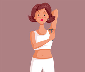 Young Woman Using a Razor for Armpit Hair Removal Vector Illustration. Girl using a depilation method for shaving her armpit hair at home 
 - obrazy, fototapety, plakaty