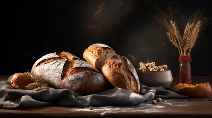 Tuinposter Fresh bread and wheat Homemade bread is on the kitchen table. A freshly baked loaf of bread Sourdough bread with a crispy crust on a wooden shelf © ND STOCK