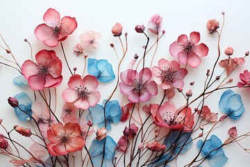 turquoise dainty soft pink pressed dried flowers in watercolor on a white background - obrazy, fototapety, plakaty