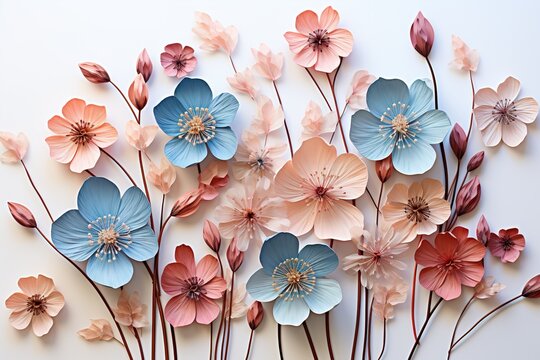 Turquoise Dainty Soft Pink Pressed Dried Flowers In Watercolor On A White Background