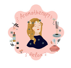 Aromatherapy woman. Home aromatherapy for relaxation, stress relief. Aroma lamps, candles and aromatherapy tools  doodle vector cartoon flat doodle set.