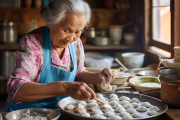 The close up detail of an Asian aged female chef in an apron is making yummy dumplings in a kitchen of a local famous restaurant. Generative AI. - obrazy, fototapety, plakaty