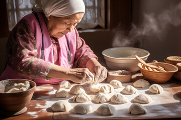 The close up detail of an Asian aged female chef in an apron is making yummy dumplings in a kitchen of a local famous restaurant. Generative AI. - obrazy, fototapety, plakaty