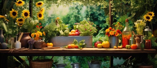 Fototapeta na wymiar In the vibrant background of a summer garden surrounded by the lush green leaves of nature I find solace in my kitchen where cooking with vibrant colors and fresh ingredients from my own pla