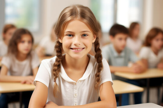 The photo shoot of a little cute female elementary student sits in a class seat shot on a blurry background of classmates. Generative AI.