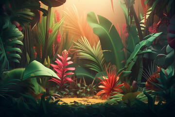 Floresta tropical colorida com plantas coloridas - Ilustração tropical - obrazy, fototapety, plakaty