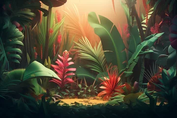Fotobehang Floresta tropical colorida com plantas coloridas - Ilustração tropical © vitor