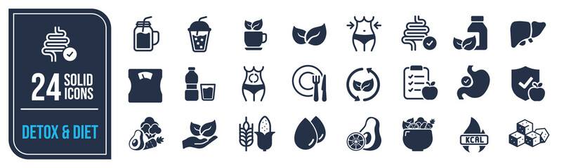 Detox and diet solid icons collection. Containing setup, gear, tool, configuration icons. For website marketing design, logo, app, template, ui, etc. Vector illustration. - obrazy, fototapety, plakaty