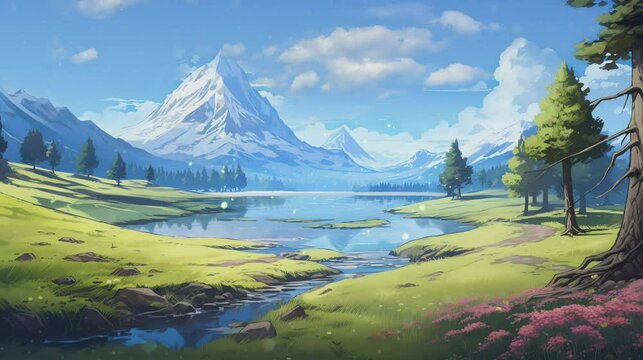 Anime style beautiful landscape with mountain and lake animated background