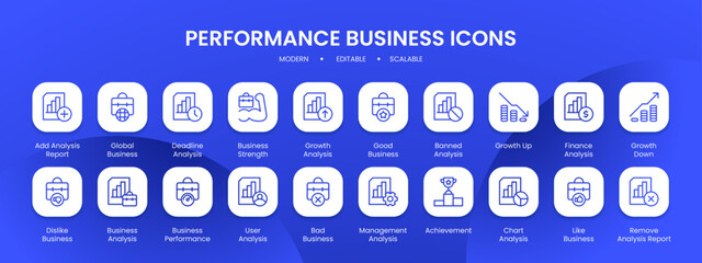 Performance business icon collection with black filled line outline style. business, performance, set, symbol, growth, management, line. Vector Illustration