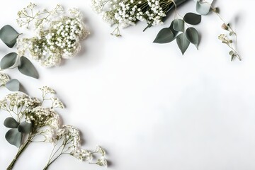 Styled stock photo. Feminine wedding desktop mockup with baby's breath Gypsophila flowers, dry green eucalyptus leaves, satin ribbon and white background. Empty space