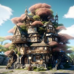 3D rendering of a fantasy house made of wood in the park
