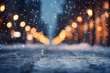 Fototapeta na wymiar Winter city street with snowfall and bokeh lights. Christmas background