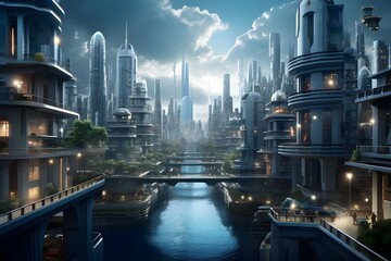 3D illustration of a futuristic city at night. Cityscape.