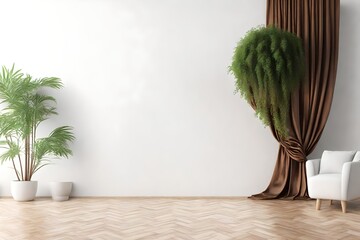 Plant against a white wall mockup. White wall mockup with brown curtain, plant and wood floor.