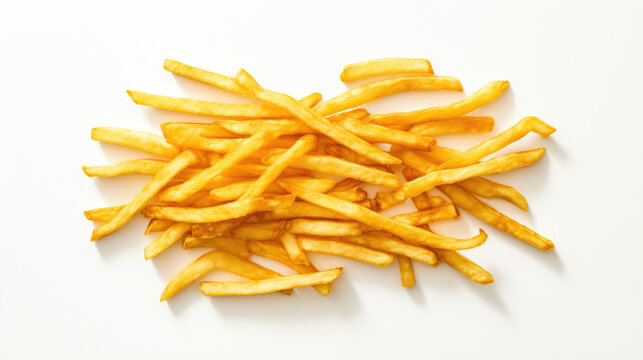 top view of fast food golden french fries on white surface created with Generative AI Technology