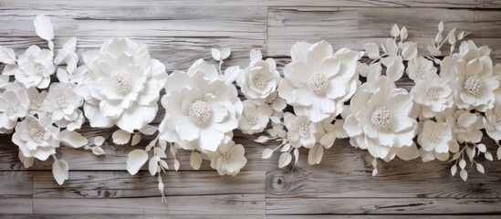 The vintage wedding design featured a white floral background art with abstract flower textures on a retro and grunge inspired wood wall