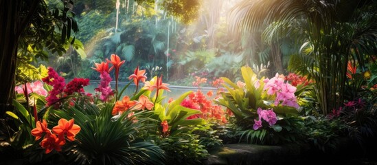 The background of the beautiful garden was filled with an array of vibrant flowers lush green leaves and tropical plants creating a stunning display of nature s beauty