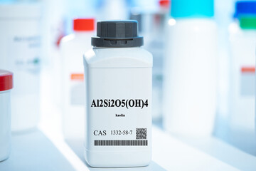 Al2Si2O5(OH)4 kaolin CAS 1332-58-7 chemical substance in white plastic laboratory packaging