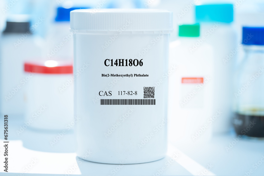 Sticker c14h18o6 bis(2-methoxyethyl) phthalate cas 117-82-8 chemical substance in white plastic laboratory p