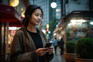 An attractive and beautiful Asian woman is using a mobile phone to text message and call someone while walking through a busy and crowded city. Generative AI. - obrazy, fototapety, plakaty