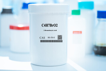 C4H7BrO2 2-bromobutyric acid CAS 80-58-0 chemical substance in white plastic laboratory packaging