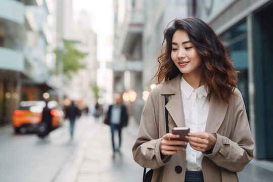 An attractive and beautiful Asian woman is using a mobile phone to text message and call someone while walking through a busy and crowded city. Generative AI.